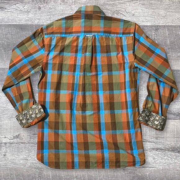 Bachrach Platinum Long Sleeve Button Down Shirt Mens S Orange Blue Check Cotton - Picture 6 of 8